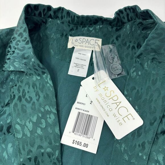L*Space Blazer Women's 2 Revolve Bennytt Emerald Green Silky Leopard Holiday New - Picture 7 of 8